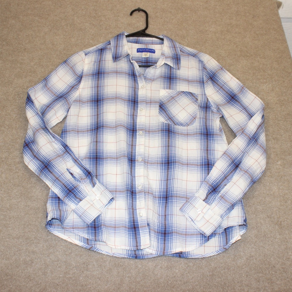 Simply Styled Sears Womens Medium Blue White Plaid Cotton Button Down Shirt M
